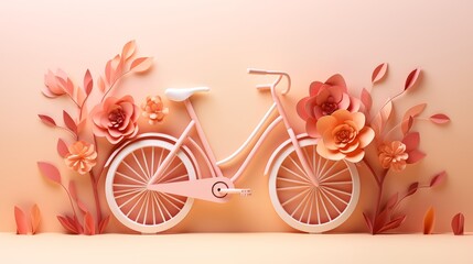 Fototapeta premium paper cut art of a a vintage bicycle with flowers, empty space in the center,generative ai illustration