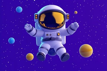 Naklejka premium Cute Astronaut Floating in Space Amongst Planets