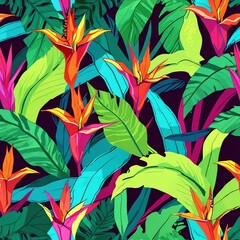 Vibrant Tropical Paradise: A Lush Tapestry of Exotic Blooms and Vivid Foliage
