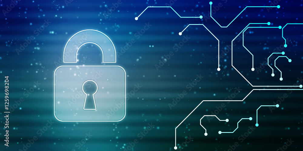 Poster closed padlock on digital screen with flowing binary codes, cyber security and safety information, p