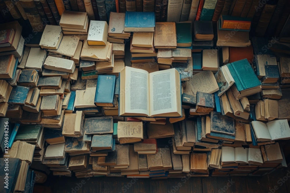 Poster simple composition of many books, stack or pile of books on wooden table, one of them open with copy