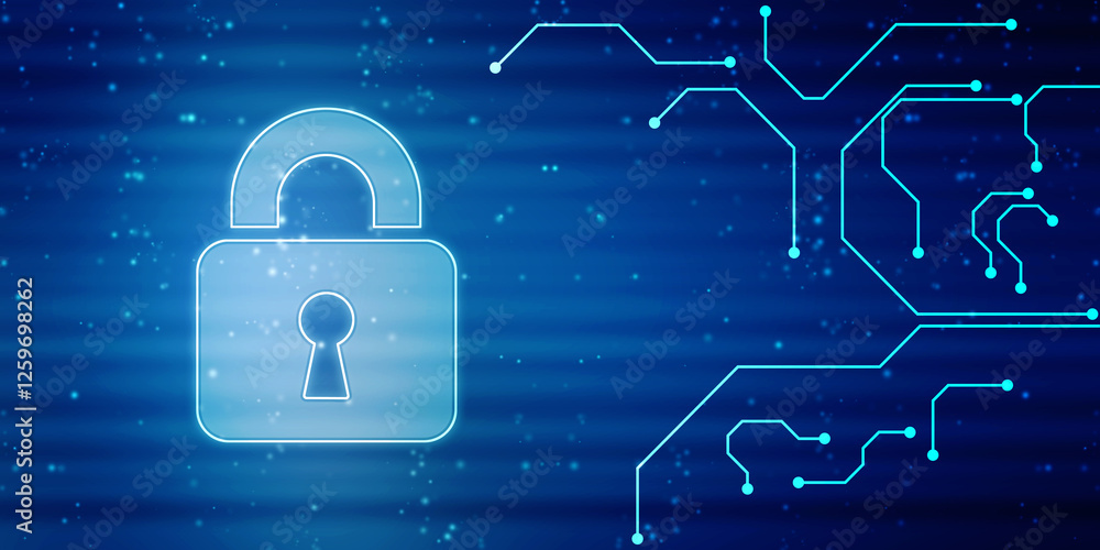Poster closed padlock on digital screen with flowing binary codes, cyber security and safety information, p
