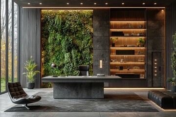 Modern workspace with floating concrete desk and green wall office interior design urban...