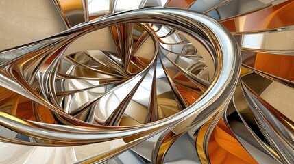Abstract metallic spiral structure with warm tones and smooth reflective surfaces in a dynamic composition
