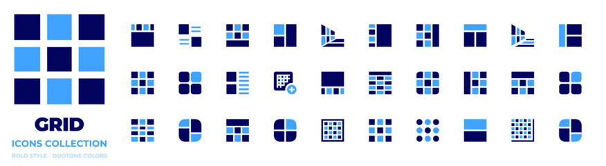 Grid icon collection. Bold style. Duotone colors. details, top view, grid, grid lines, table, layout