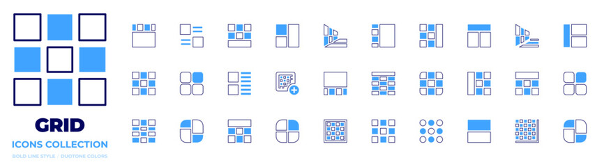Grid icon collection. Bold line style. Duotone colors. menu, grid, mesh, table, perspective, layout