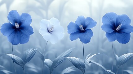 Three Blue Flowers With One White Flower In The Center