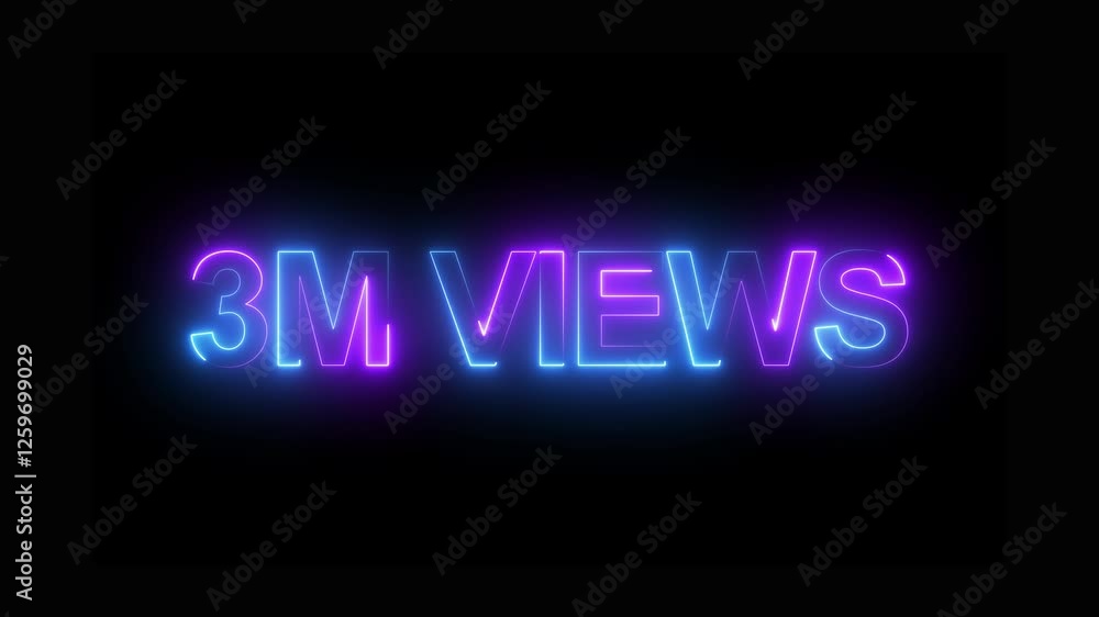 Poster 3m views text animation by cyan pink color neon on black background. social media views counter - 3m