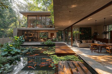 Modern open atrium home with indoor koi pond serene nature environment architectural design...