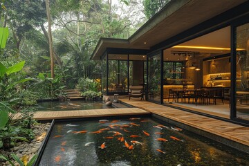 Indoor koi pond and open atrium home modern architecture serene environment nature-inspired...