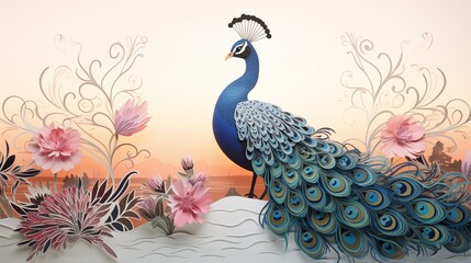 paper cut art of an elegant peacock with detail, empty space in the center,generative ai illustration
