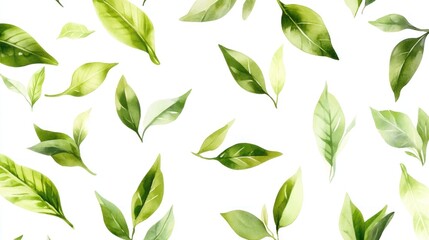 Falling green tea leaves, white background, nature pattern, website design