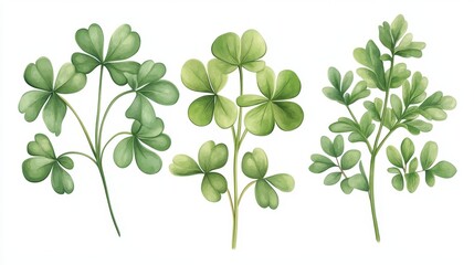 A detailed illustration of various green clover leaves showcasing their unique shapes and textures