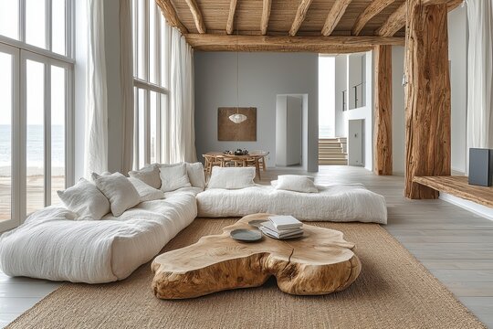 Coastal living room design modern retreat interior space bright environment wide angle minimalist aesthetic for tranquility