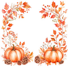 Naklejka premium Watercolor Thanksgiving Frame with Pumpkins and Autumn Leaves