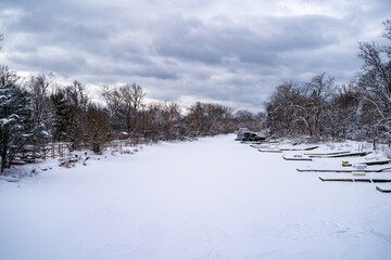 Snow-covered winter view of Toronto Islands.