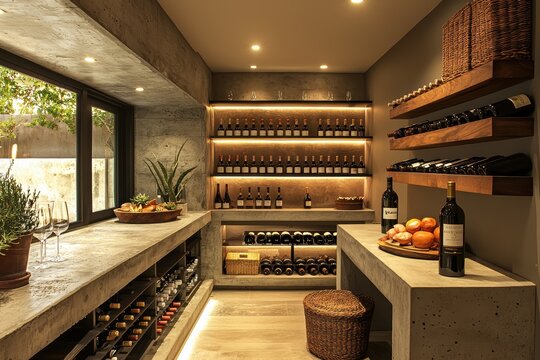 Elegant modern wine cellar with backlit shelving home interior design contemporary style warm lighting luxurious concept
