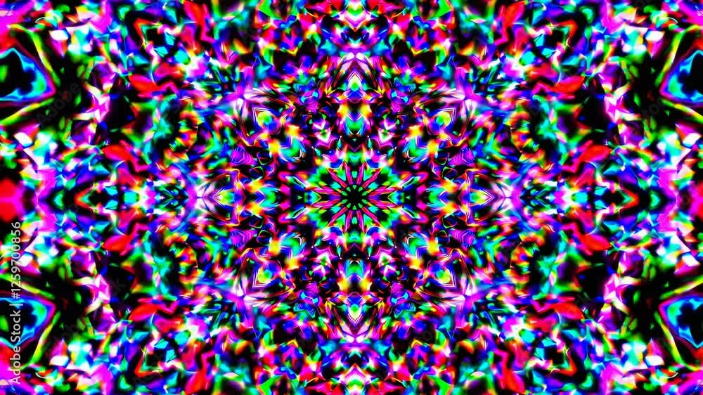Poster vibrant kaleidoscope pattern with psychedelic colors, viewed from a top-down angle, creating a mesme