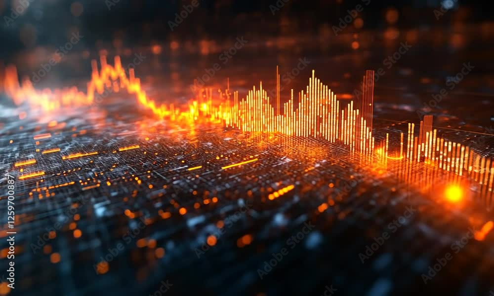 Poster vibrant abstract visualization of sound waves with glowing peaks and digital data elements