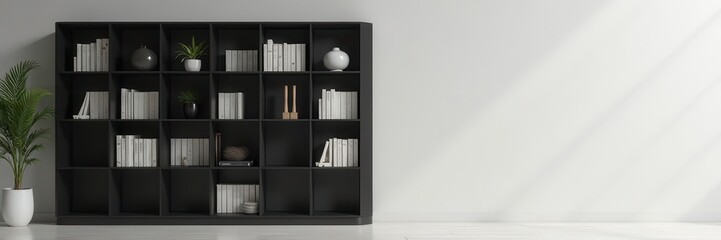 Contrasting black & white shelving unit, layered design , texture, metal