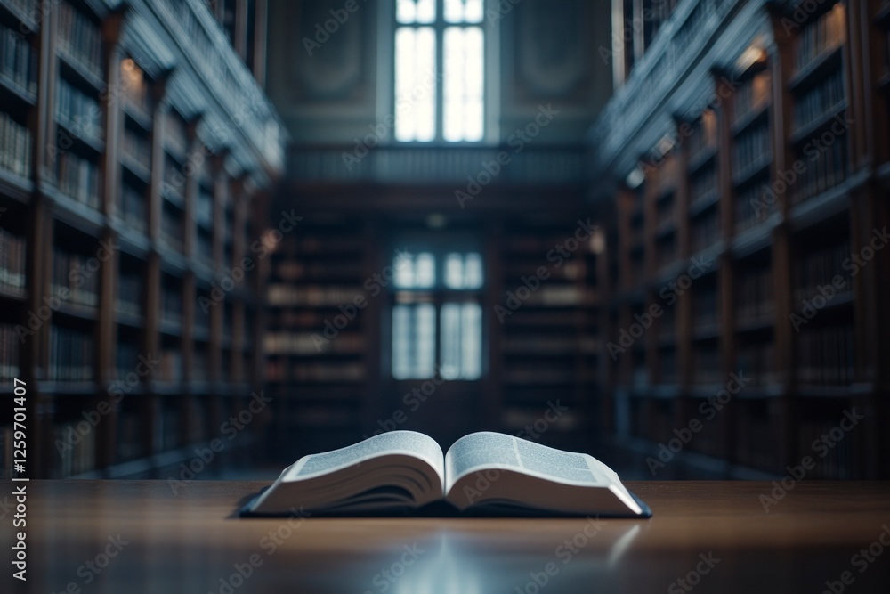 Poster an open book rests on the table in front of an empty library, with shelves filled with books and sof