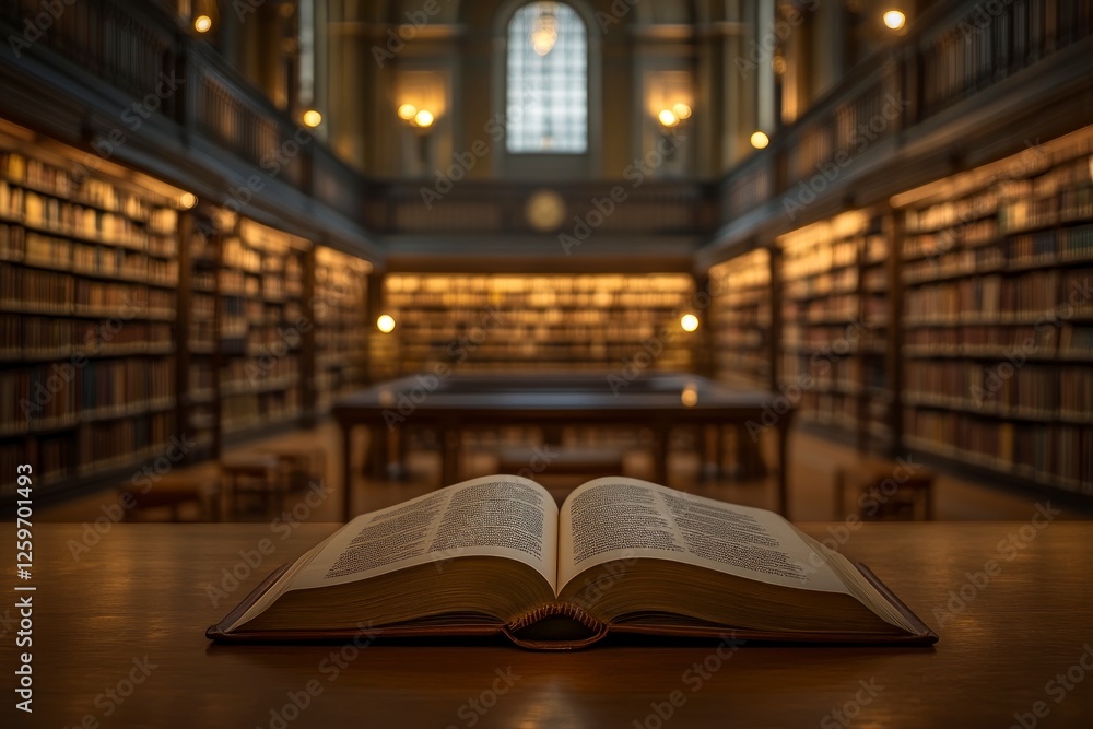 Poster an open book rests on the table in front of an empty library, with shelves filled with books and sof