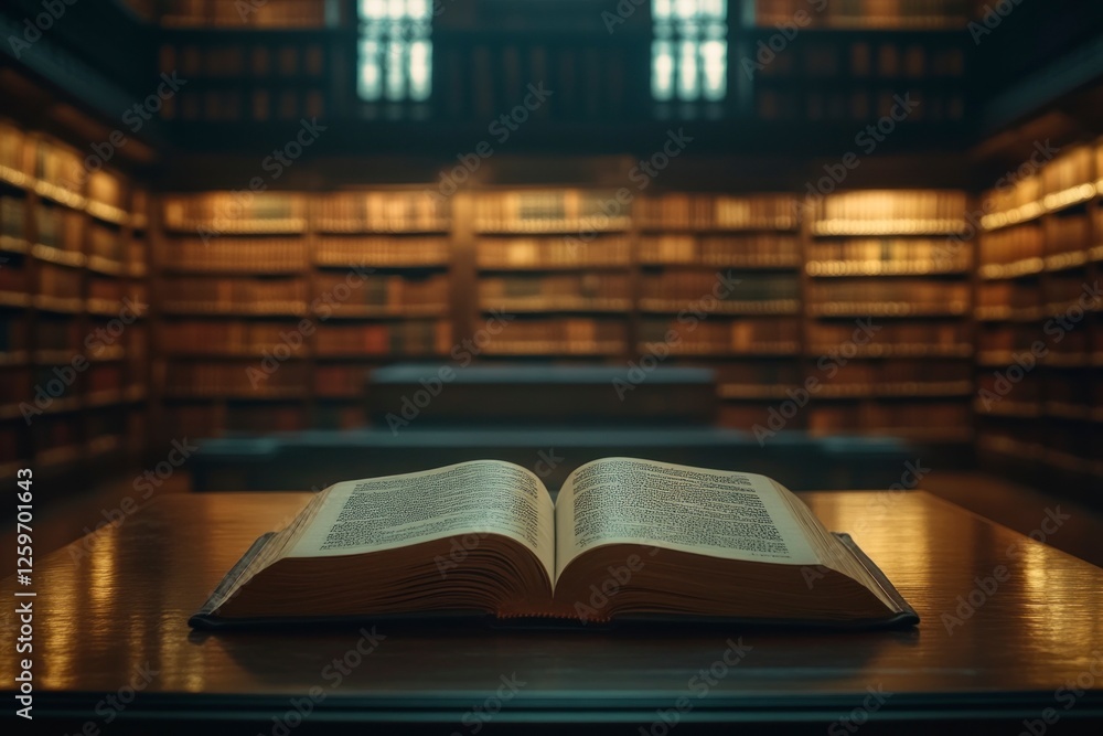 Poster an open book rests on the table in front of an empty library, with shelves filled with books and sof