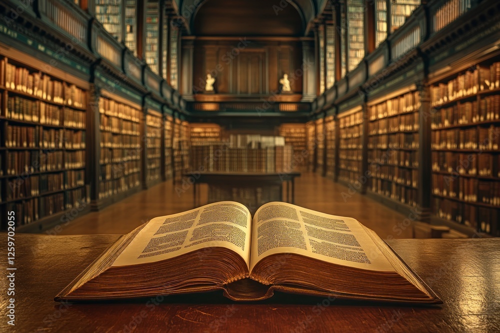 Poster an open book rests on the table in front of an empty library, with shelves filled with books and sof