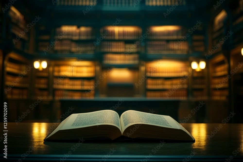 Poster an open book rests on the table in front of an empty library, with shelves filled with books and sof