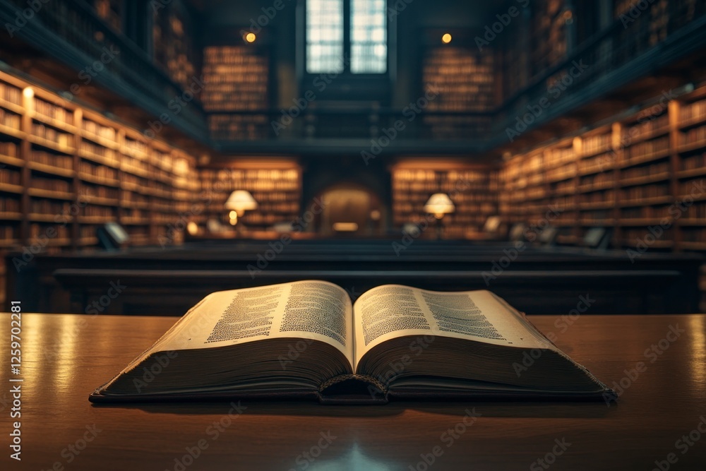 Poster an open book rests on the table in front of an empty library, with shelves filled with books and sof