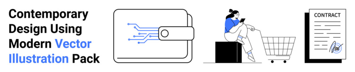 Wallet with digital circuit, person shopping online beside cart, signed contract document. Ideal for e-commerce, fintech, technology, digital contracts, shopping apps, online payments flat landing