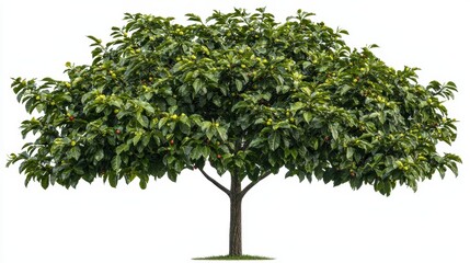Obraz premium A large, leafy tree with a broad canopy and a sturdy trunk, showcasing vibrant green foliage against a white background.