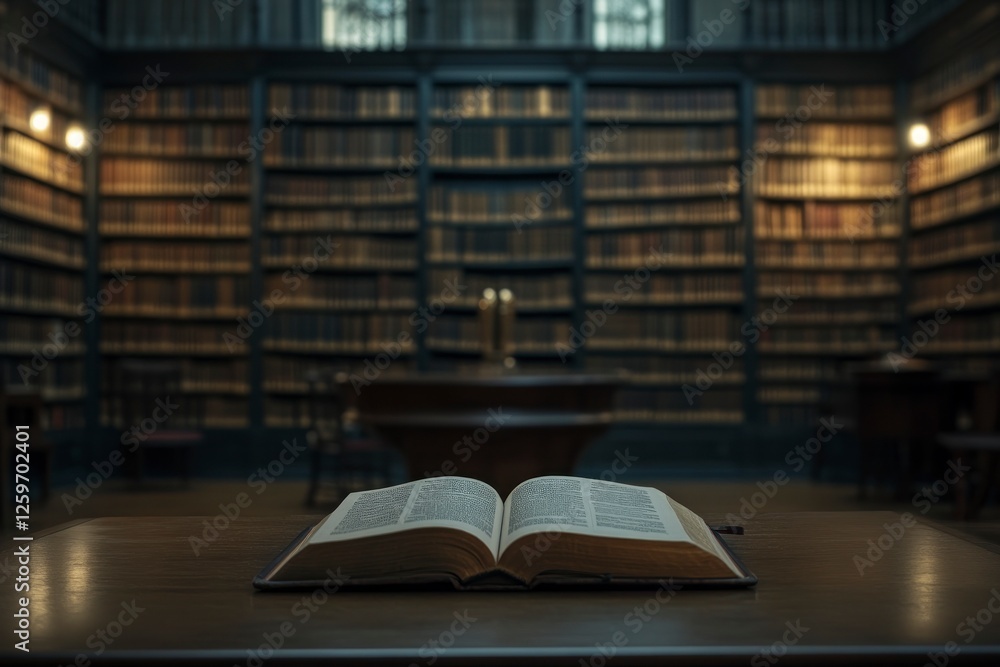 Poster an open book rests on the table in front of an empty library, with shelves filled with books and sof