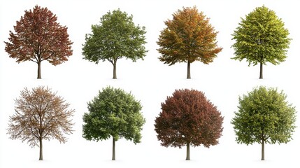 Fototapeta premium A collage of eight trees showcasing different seasonal colors and foliage, representing the beauty of nature's changing landscapes.