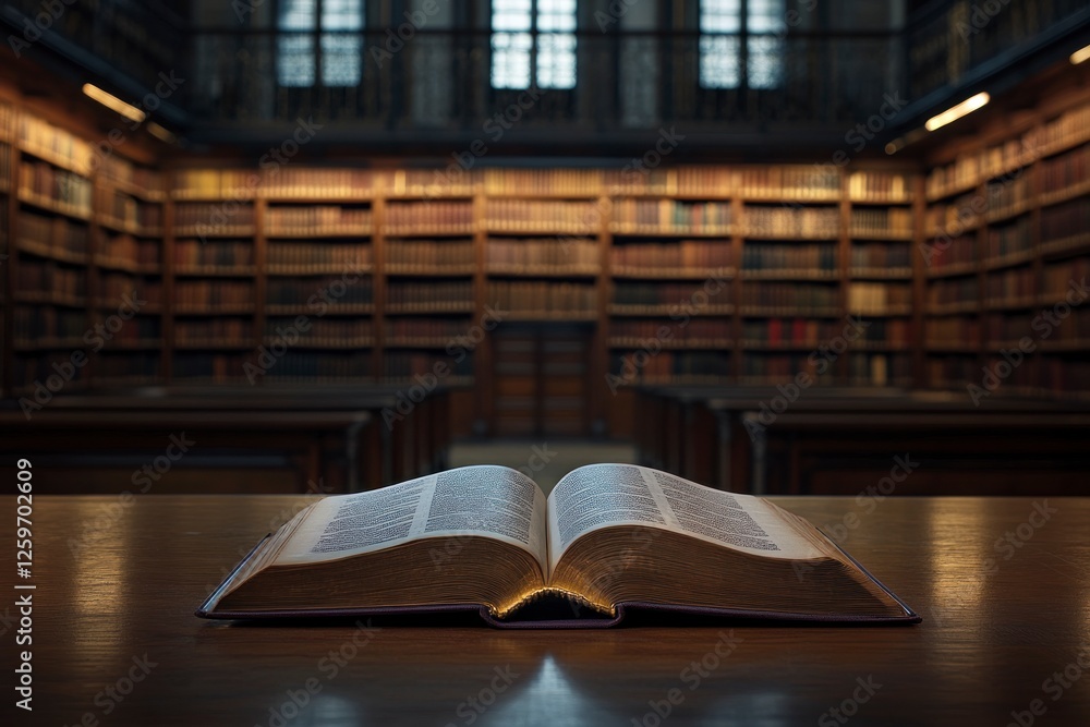 Poster an open book rests on the table in front of an empty library, with shelves filled with books and sof