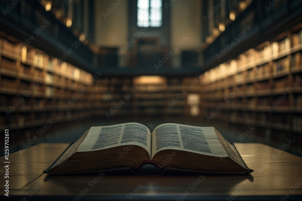 Poster an open book rests on the table in front of an empty library, with shelves filled with books and sof