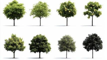 A collection of eight trees showcasing different shades of green, representing various stages of growth and types, set against a white background.
