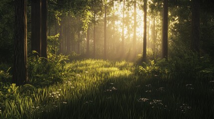 Sunlight filtering through the trees in a serene, lush forest scene