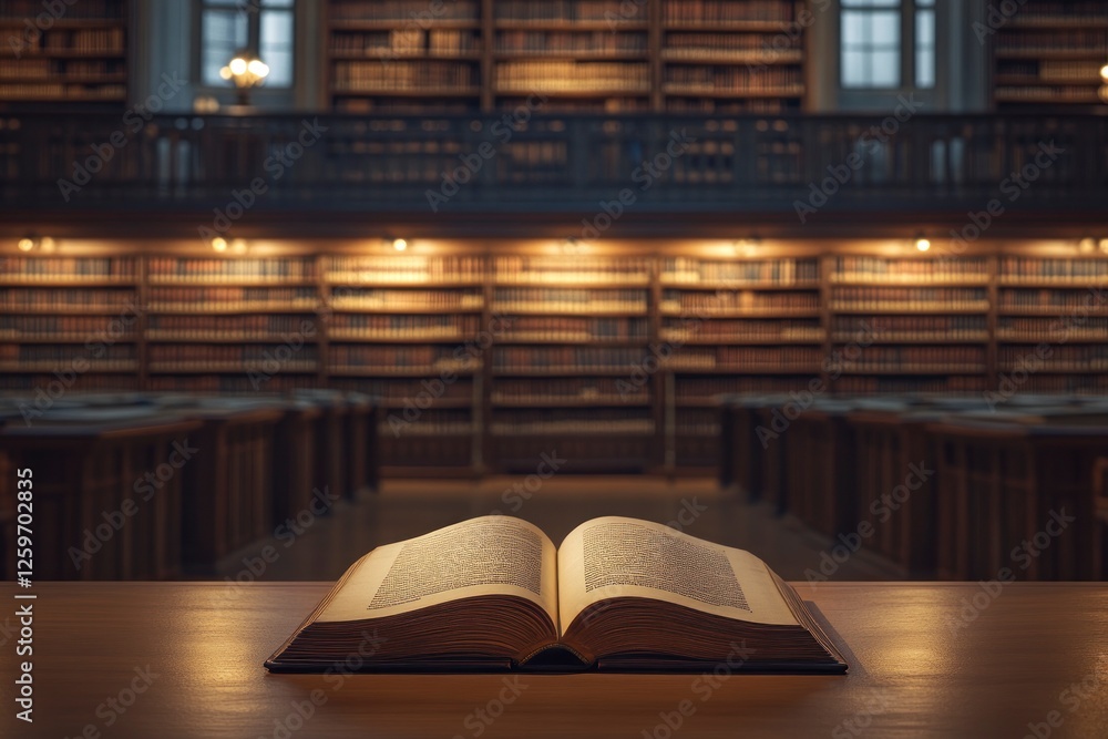Poster an open book rests on the table in front of an empty library, with shelves filled with books and sof