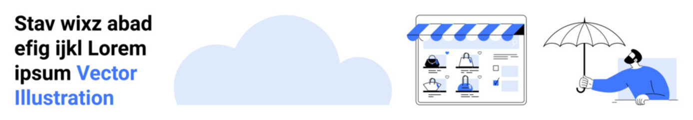 Cloud icon, e-commerce storefront with product images and umbrella providing protection. Ideal for online shopping, cloud computing, cybersecurity, digital marketing, web hosting, e-commerce