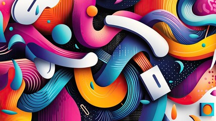 Vibrant abstract design featuring colorful swirls and shapes on a dark background