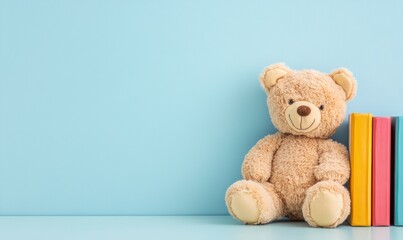 Fototapeta premium teddy bear sitting next to colorful books on the right side, against a light blue background. Web banner with copy space in the bottom left corner.