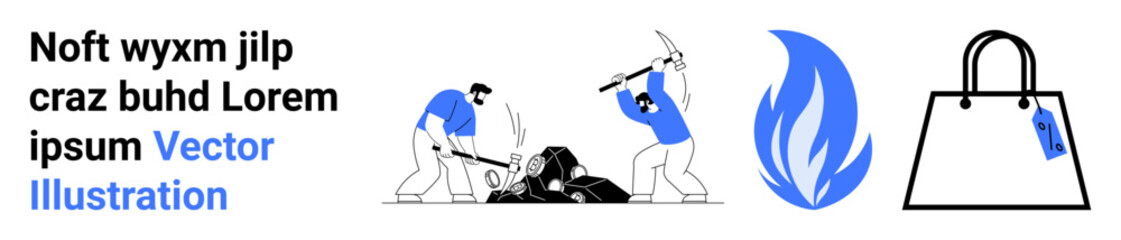 Workers breaking rocks with tools, abstract flame in blue, and a shopping bag with a hanging tag. Ideal for labor, energy, shopping, hard work, productivity, abstract concepts flat landing page