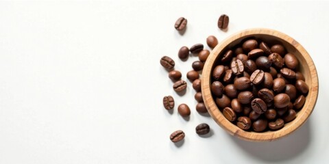 Aromatic roasted coffee beans in a rustic wooden bowl, scattered on a pristine white background, creating a visually appealing and inviting composition.