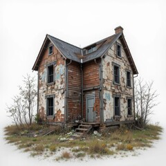 Obraz premium Derelict wooden house overgrown with weeds