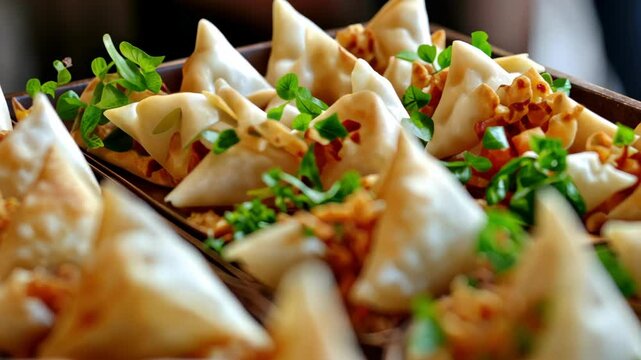 Rows of delicious samosas garnished with fresh herbs