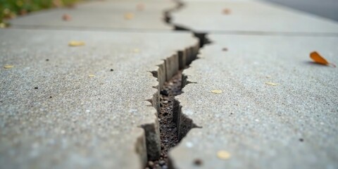 A Detailed Close-Up View of a Deep Crack in a Concrete Pavement Surface Revealing Underlying Gravel and Soil