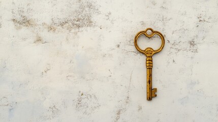 Antique Golden Key on White Textured Background: Symbol of Opportunity and Mystery