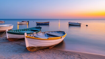 Naklejka premium Mediterranean, harbor, tradition, Tranquil sunset scene featuring colorful boats resting on a calm beach, reflecting vibrant hues in the water.