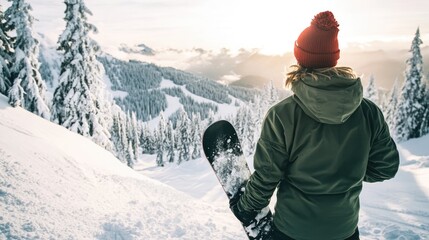 Snowboarder Looking at Mountain View